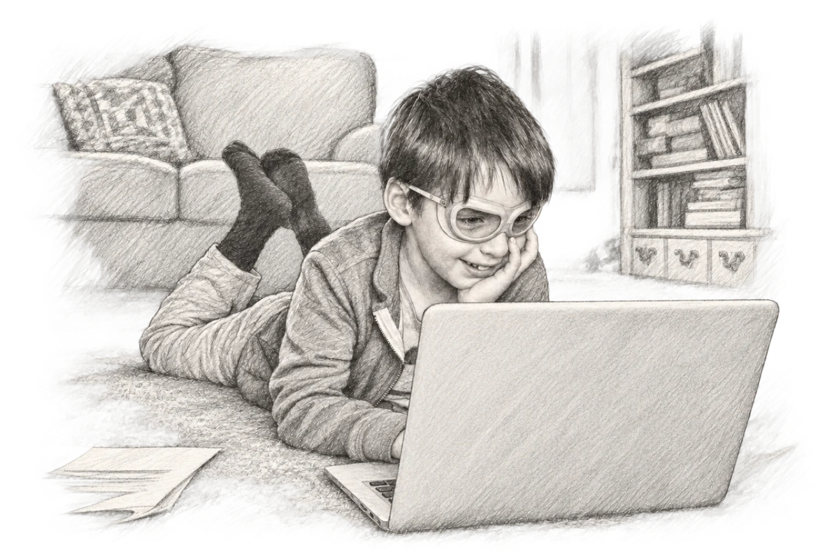 Pencil sketch of Ben’s young son lying on the carpet in novelty glasses, smiling at a laptop