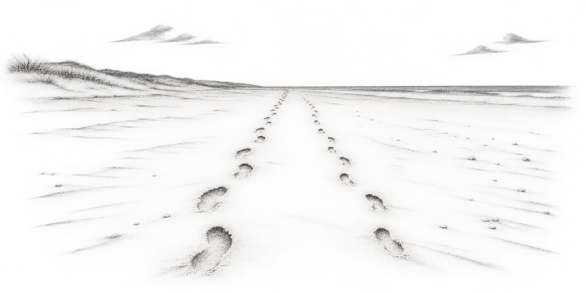 Pencil sketch of two sets of footprints walking side by side along a quiet beach towards the sea