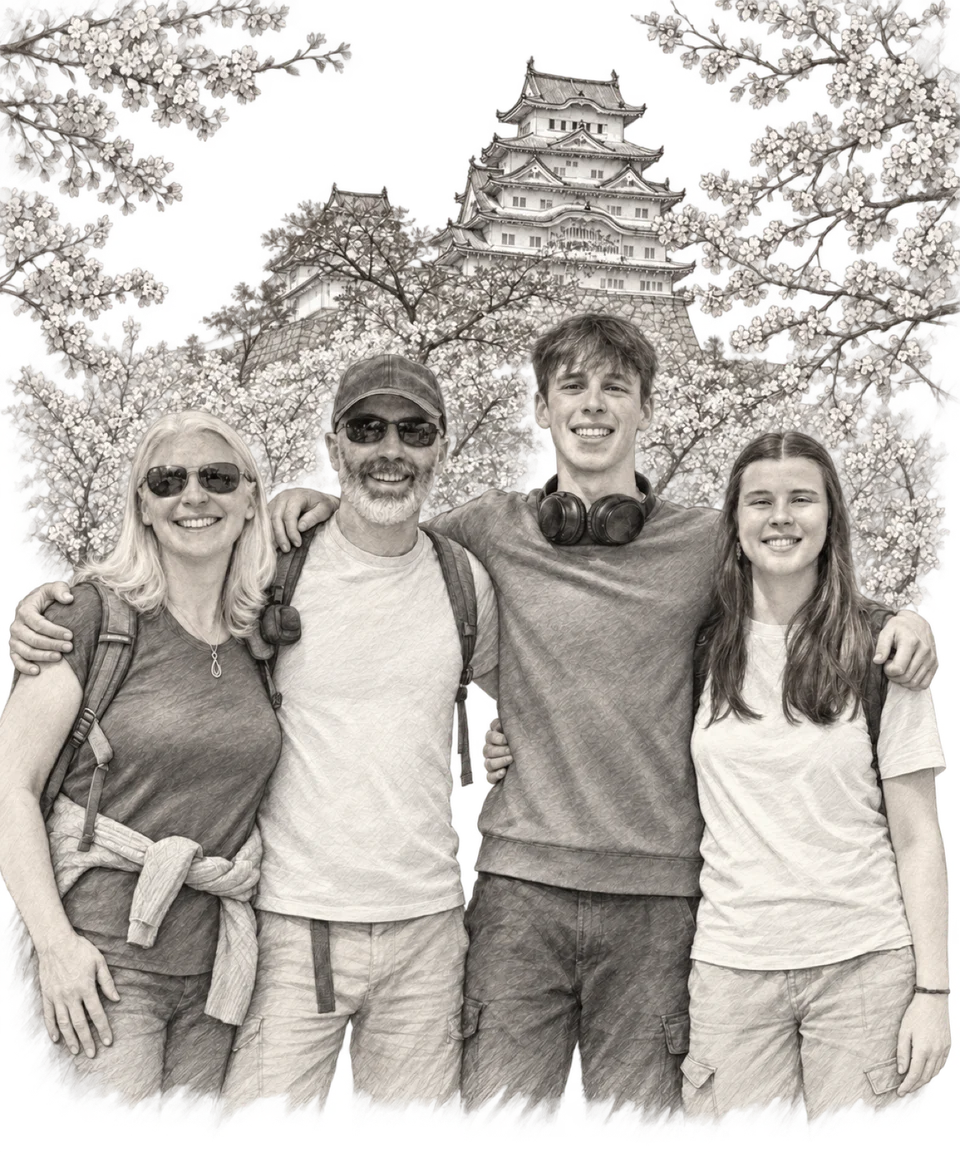 Pencil sketch of Ben, Em, Jack and Zoe arm in arm in front of Himeji Castle and cherry blossom
