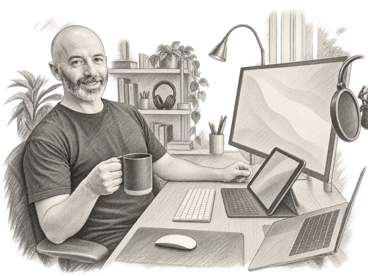 Pencil sketch of Ben at his desk at home, smiling with a mug of tea beside a monitor, tablet and laptop
