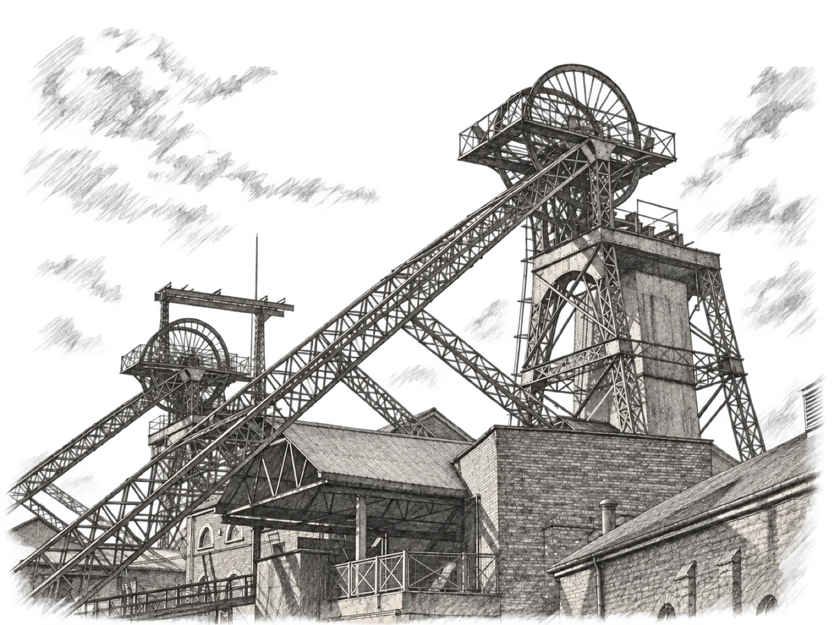 Pencil sketch of a colliery pithead in South Wales, its winding wheels high above the engine house