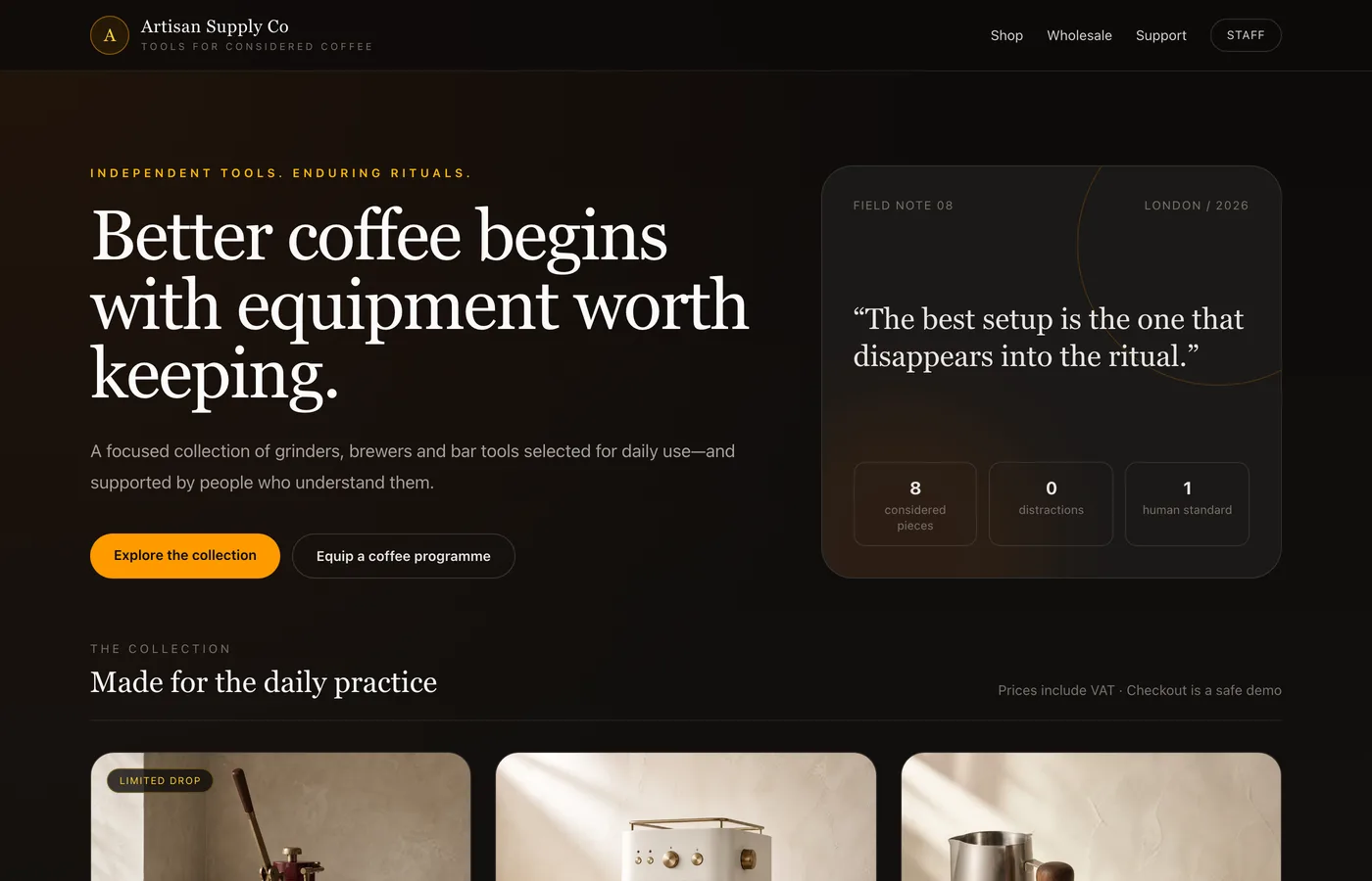 Artisan Supply Co's storefront: a fictional coffee retailer built as a Laravel Cloud demonstration, every product photograph generated.