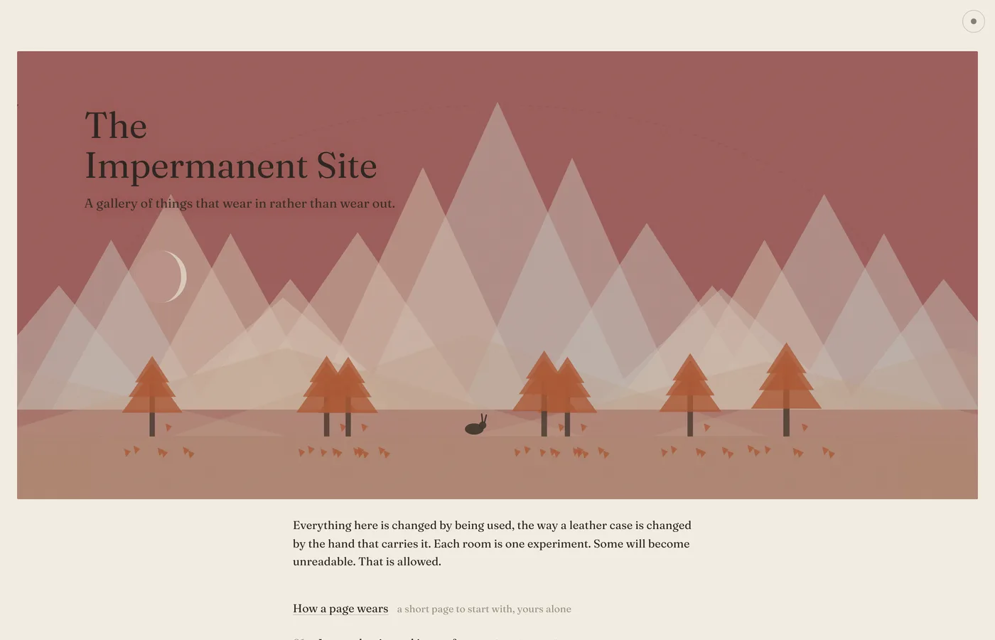 The Impermanent Site's front page: a gallery of things that wear in rather than wear out, with a sunset of layered mountains and a hare.