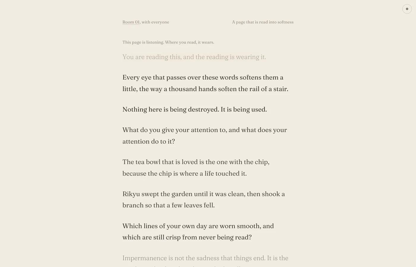 Room 01 of The Impermanent Site: a page that's read into softness. The first line has already faded under other people's reading.