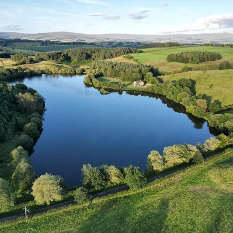 A lake among green hills