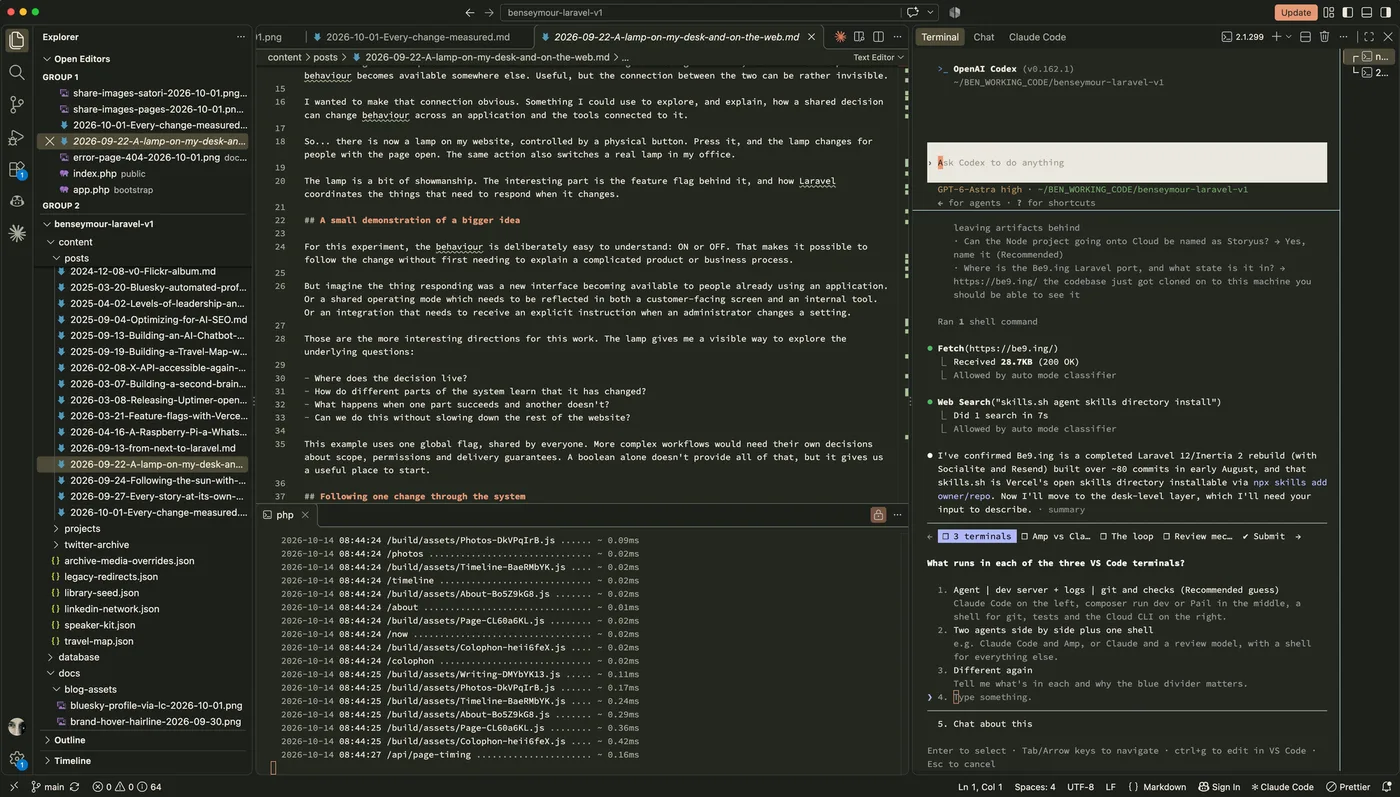 VS Code with the Workbench theme: the post being edited, the dev server log beneath it, and Codex above Claude Code in the right-hand column.